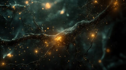 Poster - Digital visualization of a neuron that transmits nerve impulses. Neuron cells with glowing link knots