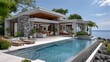 © Pingki - Stylish coastal home with stone facade and clear blue pool high resolution picture