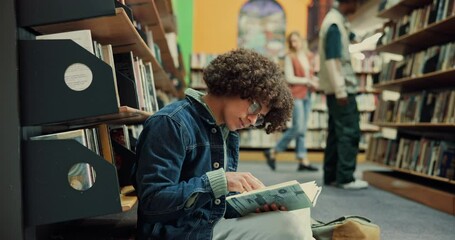 Poster - Student, thinking and reading a book in library for test preparation, study insight or knowledge. College, man and course resources on floor with thesis citation, research solution or learning wisdom