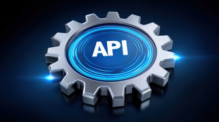 Poster - API integration concept with metallic gear and glowing blue light symbolizing technology and connection