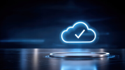 Poster - Cloud checkmark icon glowing above futuristic platform with digital api integration concept in dark blue background
