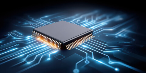 Poster - Microchip circuit board with glowing connections symbolizing api integration for advanced technology and digital communication futuristic style