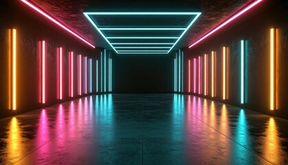 Aufkleber - Vibrant Neon Light Installation: Geometric Patterns in a Dark Room