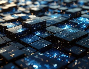 Aufkleber - Abstract Glowing Blue Lines and Black Cubes Digital Technology Background