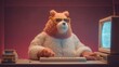 © Roman P. - Retro bear programmer coding with vintage computer setup in a cozy pink room, funny and nostalgic.