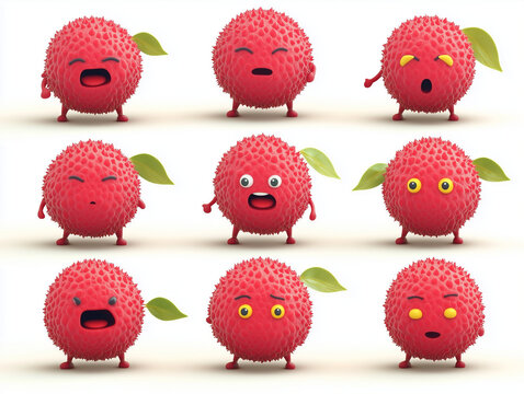 Nine lychees showing different facial expressions on white background