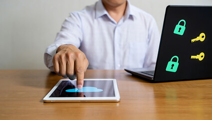 Poster - A person using a tablet with cloud icon and a laptop with security icons on a wooden desk surface