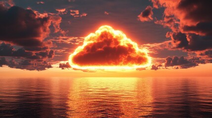 Poster - Here's a description and keywords for your image.. Glowing digital cloud symbol over sunset sea.