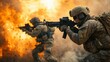 © Johannes - Intense combat on a gritty battlefield at dusk with soldiers navigating explosions and chaos