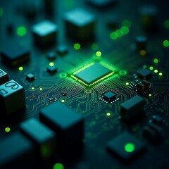 artificial intelligence, computer chip, electronic circuit board, futuristic technology, glowing gre