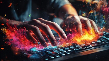 Poster - Hands of a young man on the keyboard with the elements. Collage. illustration , no logos, no brands