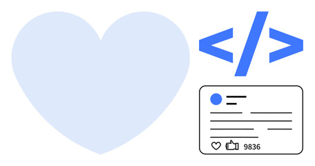 Poster - large heart icon, coding tag, user post card with thumbs up count. ideal for social media, web devel