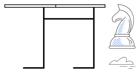 Poster - abstract table structure, knight chess piece, and small cloud symbolizing strategy, focus, and visio