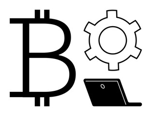 Poster - bitcoin sign alongside gear and laptop representing blockchain, cryptocurrency, fintech innovation, 