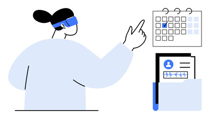 Poster - person wearing vr headset interacting with calendar and file documents. ideal for technology, produc