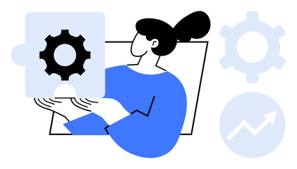 Poster - woman holding puzzle piece with gear, focusing on key steps and strategies for problem-solving, inno