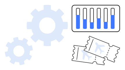 Poster - gears in motion, data bars with progress indicators, and travel tickets representing automation, res