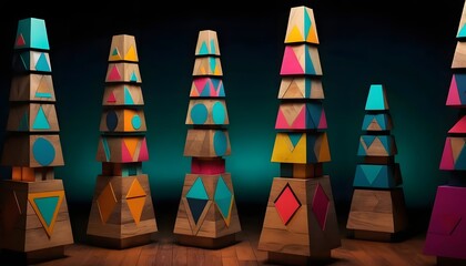 Aufkleber - A display of geometric wooden towers with colorful shapes against a dark green background art piece