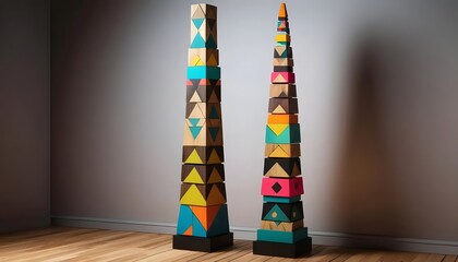 Aufkleber - Two tall towers constructed from colorful wooden blocks on a wooden floor against a gray wall