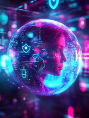 Poster - Woman Inside Sphere - Futuristic portrait of a woman's face encased within a glowing sphere, filled with binary code and technological symbols