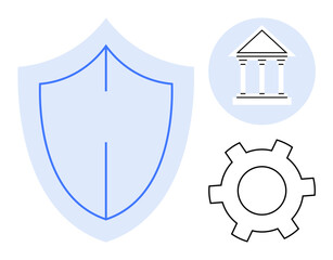 Poster - shield representing protection, court building symbolizing law, and gear for system management. idea