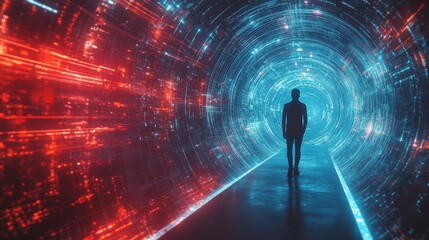 Poster - Cocoon Journey - A person walks towards a bright future, symbolizing progress, technology, innovation, transformation, and hope. The glowing tunnel represents a journey into the unknown