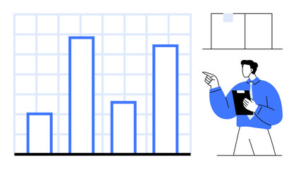 Poster - bar chart with increasing columns, professional pointing to chart holding clipboard. ideal for data 