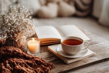 Aufkleber - Wellness Morning Routine Featuring Tea, Candle, and Book on Cozy Table With Clear Space Above