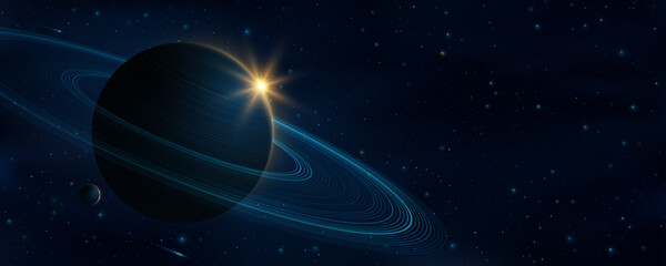 Wall Mural - abstract universe background with planet saturn and ring around. starry sky with falling meteors and