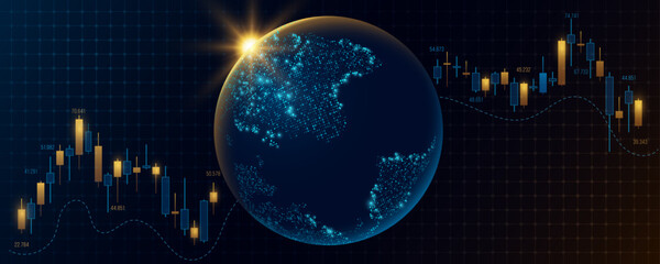 Poster - Abstract world economics background. Investment financial data with futuristic planet Earth. Stock market trading graph for business technology backdrop. Vector illustration