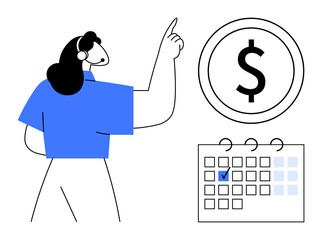 Poster - woman pointing at a dollar sign in focus with a marked calendar below. ideal for finance, budgeting,