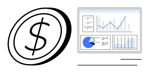 Poster - dollar coin next to a screen displaying charts, bar graphs, and analytics. ideal for finance, budget