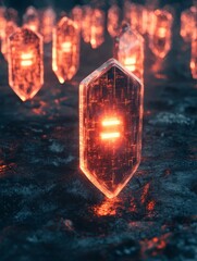 Poster - Glowing Crystal Network - Illuminated crystals with internal circuitry stand on a dark, textured surface. A futuristic, technological scene