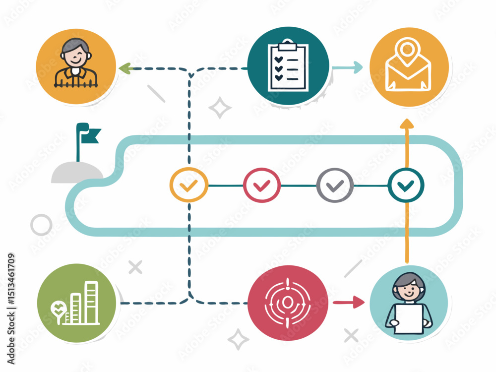 Design a bold, vector illustration of a customer journey map. Emphasize ...