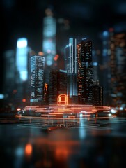 Poster - Neon Cityscape at Night - Futuristic city skyline at night with glowing neon lights and a central padlock symbol