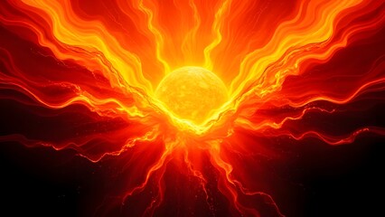 Poster - A radiant sphere surrounded by fiery tendrils emanating from a dark and intense background glow