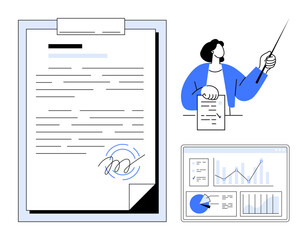 Poster - signed document on clipboard, person presenting with pointer, and analytics on screen. ideal for bus