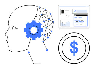 Poster - human head with connected lines and gear, analytics interface, and money symbol. ideal for ai, data 