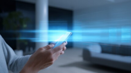 Poster - A hand holds a smartphone in a modern living room. The image shows digital speed and connectivity. Perfect for tech, innovation or lifestyle themes in advertising and design. AI.