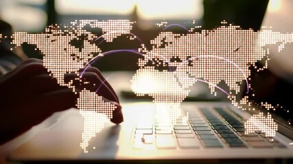 Poster - Hands Typing on Laptop Underlayed with Gridlike World Map Warm Lighting
