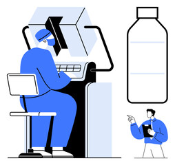 Poster - factory worker analyzing data at control panel near large bottle placeholder. supervisor pointing wh