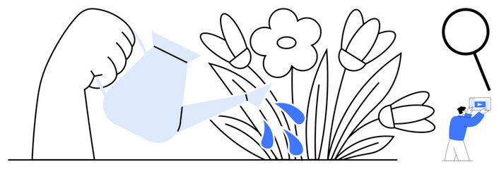 Poster - hand pouring water on blooming flowers symbolizing growth, care, and nurturing. small figure using m
