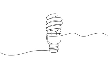 Aufkleber - Single continuous line art economy light bulb. Compact fluorescent lamp energy saving light, Fluorescent lamp in continuous line art drawing style. Silhouette of Fluorescent lamp vector illustration.