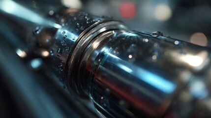Macro shot of shiny metal pipe with water droplets and bokeh effects