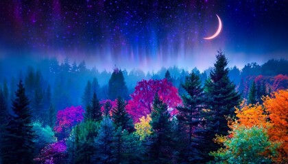 Wall Mural - colorful night forest