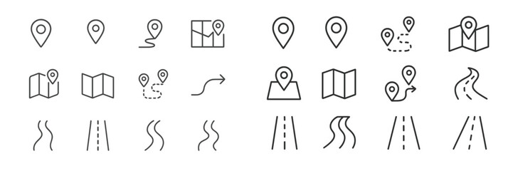Poster - Collection of minimalistic travel and navigation icons showcasing various map symbols and pathways