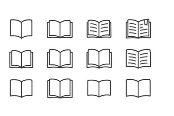Poster - Collection of simple book icons showcasing various open and closed positions in a minimalist design style