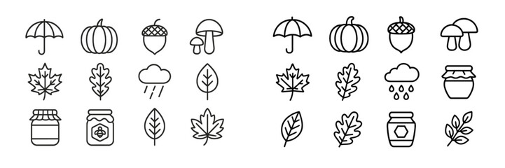 Poster - Autumn themed icons featuring leaves, pumpkins, acorns, and weather symbols in a simple black and white design