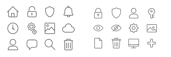 Fototapete - Collection of simple outline icons representing security, user profiles, and common digital functions