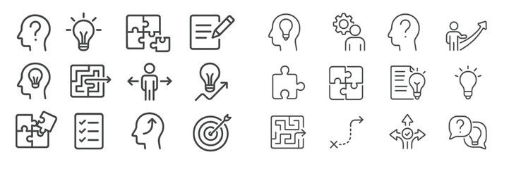 Poster - Creative process illustrated through line icons depicting ideas, problem-solving, and planning in a modern setting